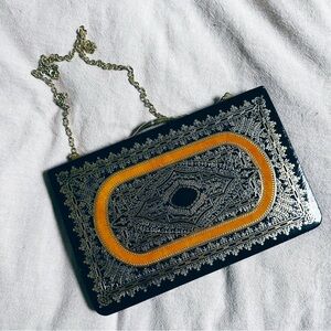 Vintage clutch pocket book art deco black gold and orange evening bag purse